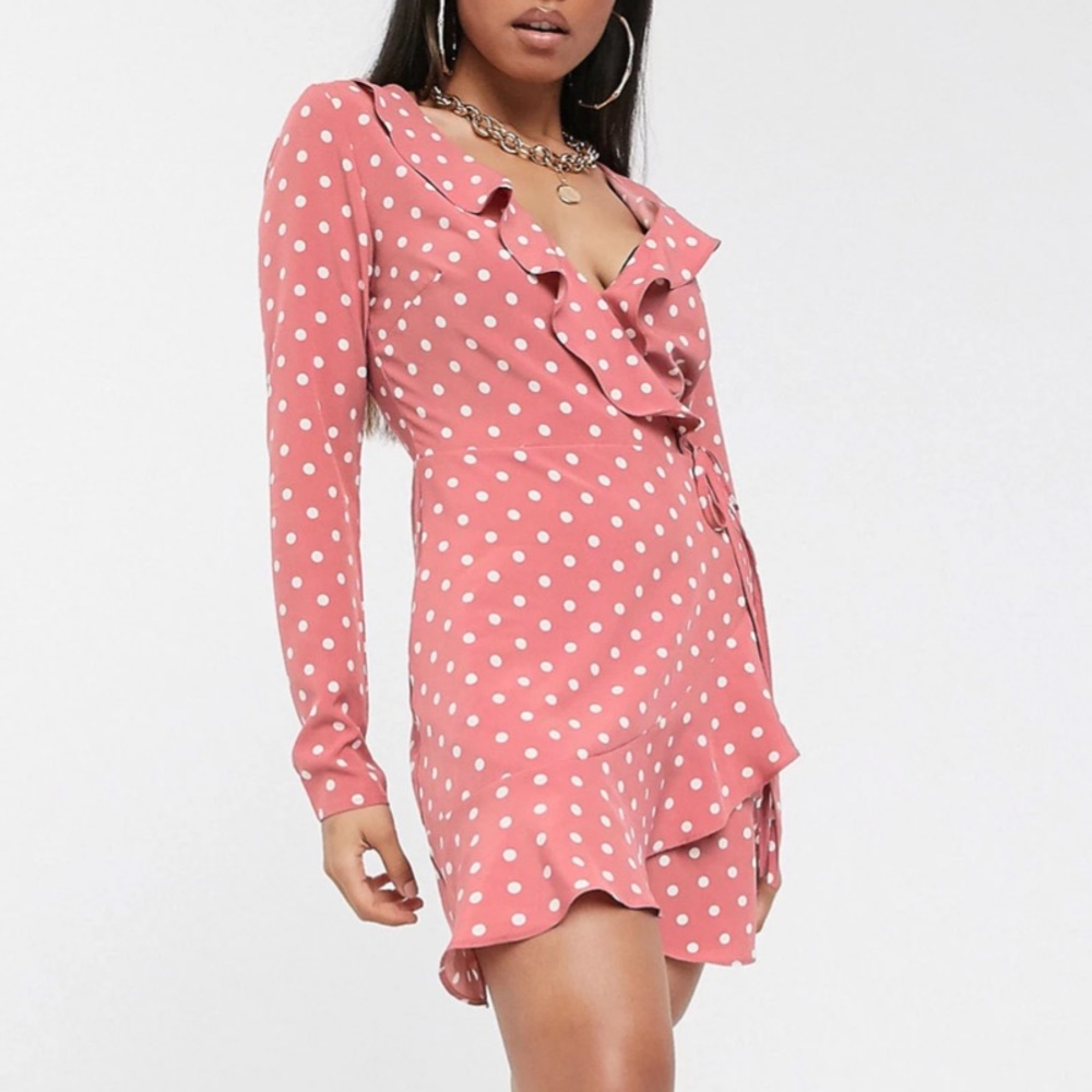 Missguided Petite Spot Frill Long Sleeve Dress